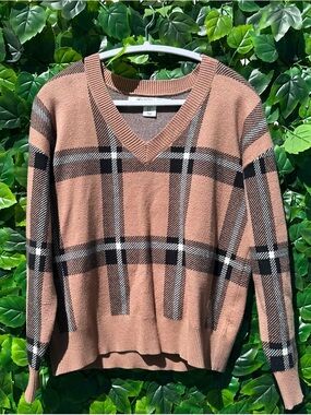 Max Studio Plaid V-Neck Sweater in Tan and Black